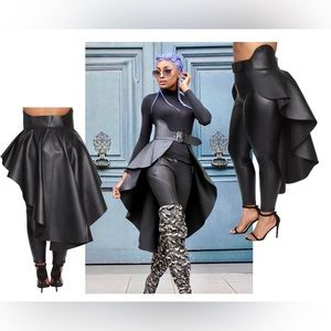 Black Skirt Belt Faux Leather Cocktail Midi Skirt. Size is L.